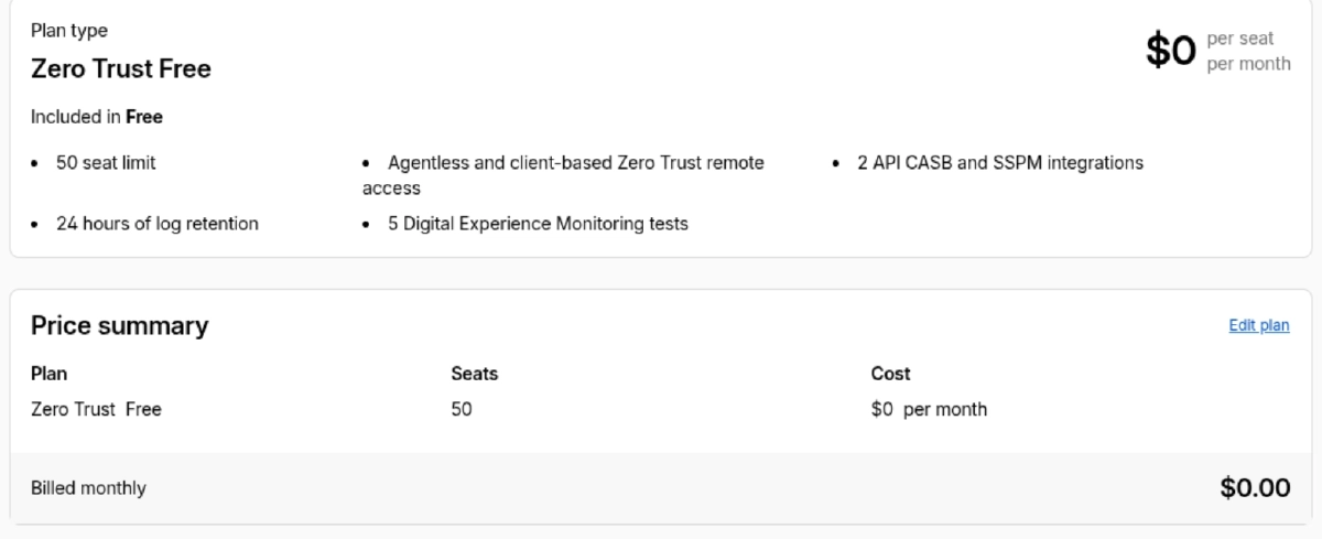 Zero Trust Free tier